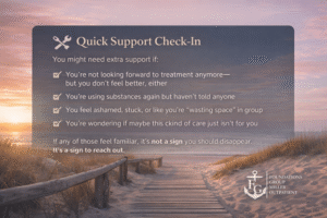 "Calming beach boardwalk at sunrise with overlay text titled 'Quick Support Check-In,' listing emotional signs someone may need more treatment support; includes Foundations Group Miller Outpatient logo with anchor."