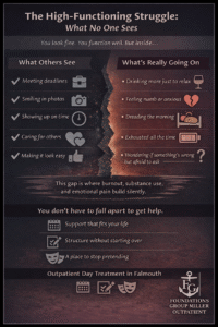 Infographic contrasting external success with hidden struggles of high-functioning individuals, showing what others see versus what’s really going on, and offering outpatient treatment support in Falmouth.